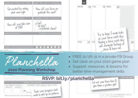 This is a flyer depicting the dates of a free planning workshop, Planchella, on December 26-31, the purpose of the event: getting clear on your 2020 game plan, the event's features: it includes support, resources, and lessons for better time-management skills, and the link for where to purchase tickets: bit.ly/planchella